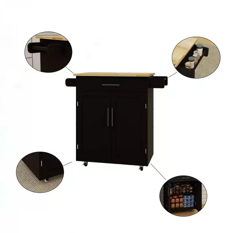 Îlot de cuisine roulant avec plateau en bois d'hévéa, îlot de cuisine à roulettes avec tiroir, étagères réglables, porte-serviettes et porte-épices pour cuisine, salle à manger