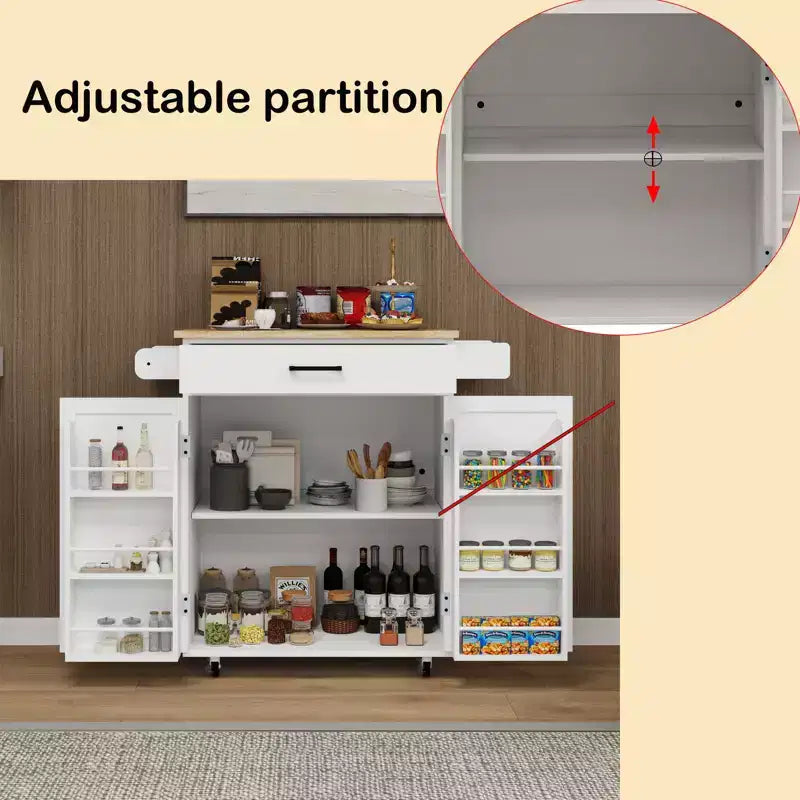 Îlot de cuisine roulant avec plateau en bois d'hévéa, îlot de cuisine à roulettes avec tiroir, étagères réglables, porte-serviettes et porte-épices pour cuisine, salle à manger