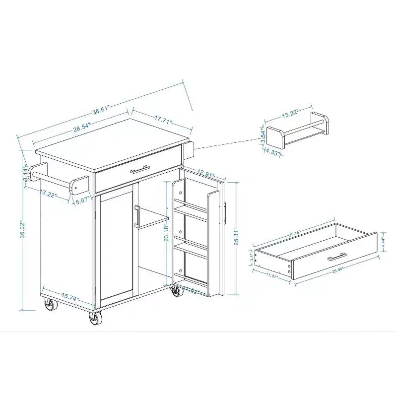 Îlot de cuisine roulant avec plateau en bois d'hévéa, îlot de cuisine à roulettes avec tiroir, étagères réglables, porte-serviettes et porte-épices pour cuisine, salle à manger