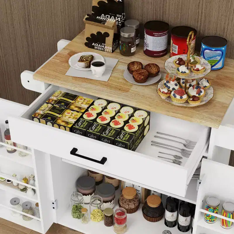 Îlot de cuisine roulant avec plateau en bois d'hévéa, îlot de cuisine à roulettes avec tiroir, étagères réglables, porte-serviettes et porte-épices pour cuisine, salle à manger