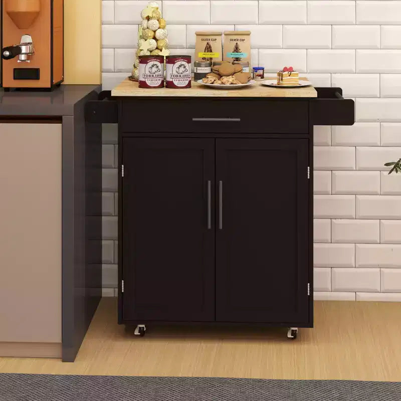 Îlot de cuisine roulant avec plateau en bois d'hévéa, îlot de cuisine à roulettes avec tiroir, étagères réglables, porte-serviettes et porte-épices pour cuisine, salle à manger