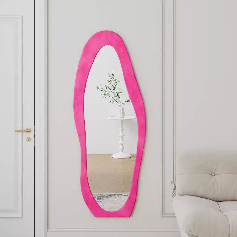 Flannel Decorative Full Length Mirror for Bedroom,Dressing Room,Novelty Standing Full Wall Mirror with Wooden Frame,Rose