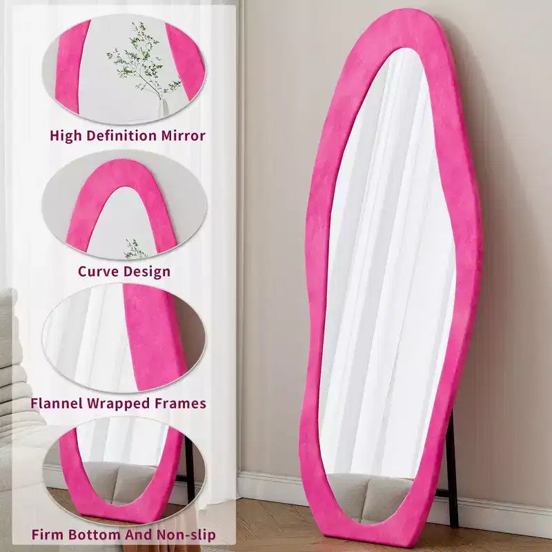 Flannel Decorative Full Length Mirror for Bedroom,Dressing Room,Novelty Standing Full Wall Mirror with Wooden Frame,Rose