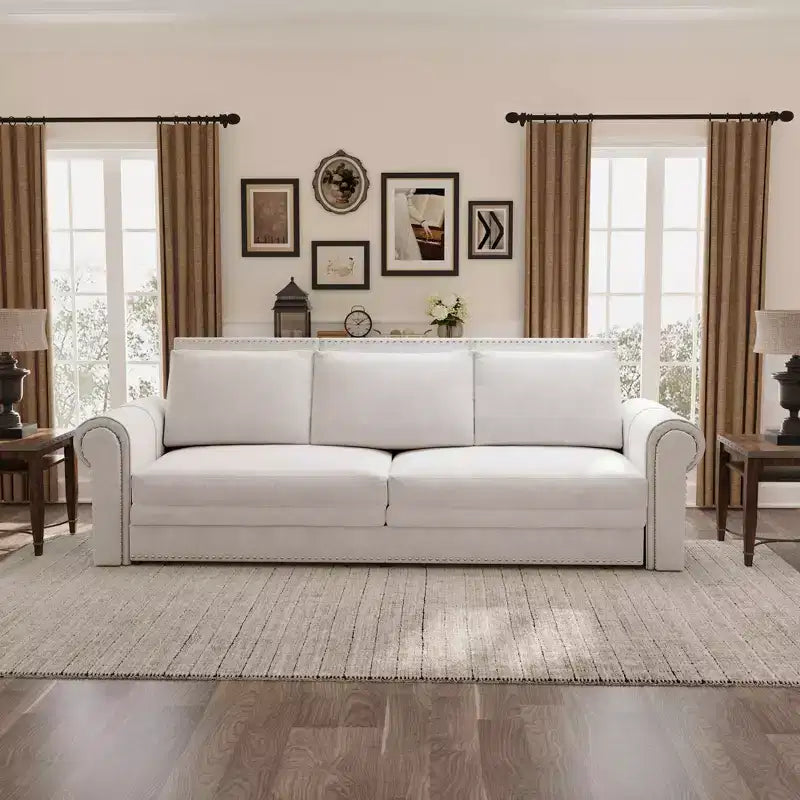 MAYEERTY 93.7 King Pull Out Sofa Bed, 3-in-1 Velvet Convertible Sleeper Sofa with Nailhead Trim& Rolled Arm Beige