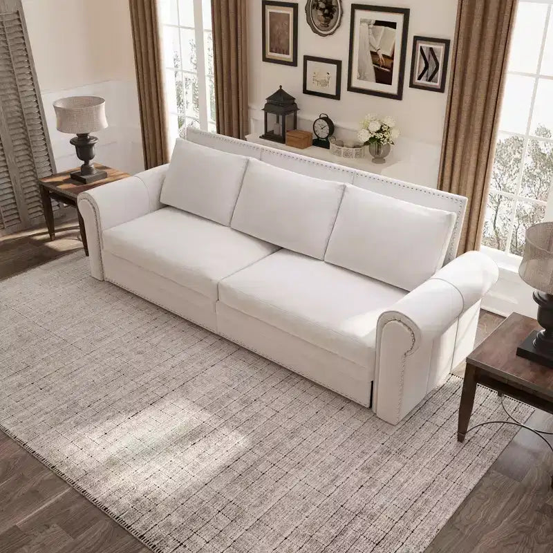 93.7 King Pull Out Sofa Bed, 3-in-1 Velvet Convertible Sleeper Sofa with Nailhead Trim& Rolled Arm Beige