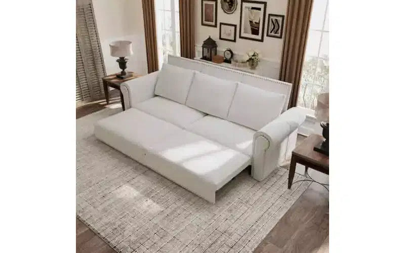 93.7 King Pull Out Sofa Bed, 3-in-1 Velvet Convertible Sleeper Sofa with Nailhead Trim& Rolled Arm Beige