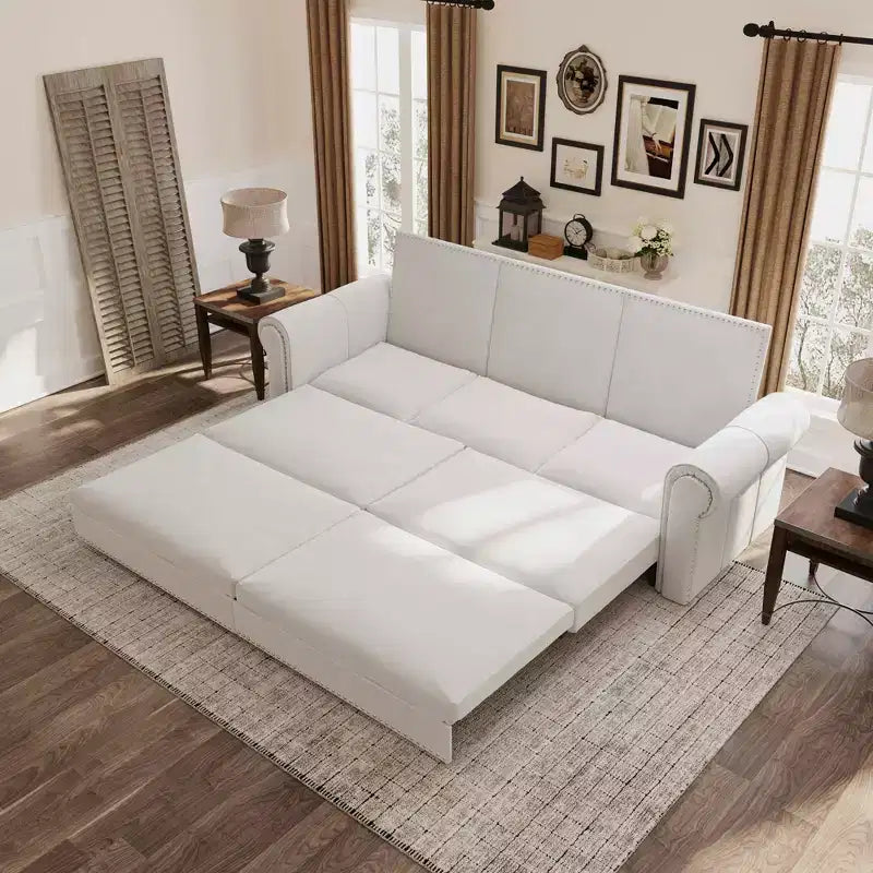 93.7 King Pull Out Sofa Bed, 3-in-1 Velvet Convertible Sleeper Sofa with Nailhead Trim& Rolled Arm Beige