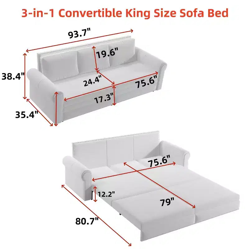 93.7 King Pull Out Sofa Bed, 3-in-1 Velvet Convertible Sleeper Sofa with Nailhead Trim& Rolled Arm Beige