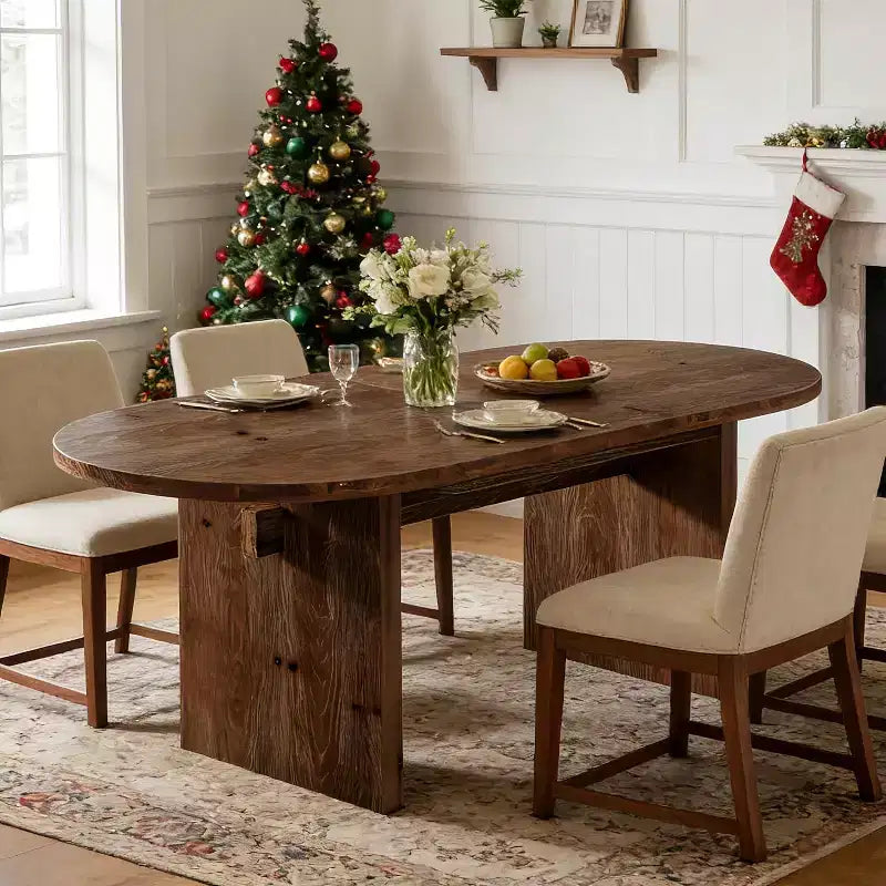 63-Inch Oval Solid Wood Dining Table, Farmhouse Kitchen Dinner Table for 4-6 with Double Pedestal for Dining Room