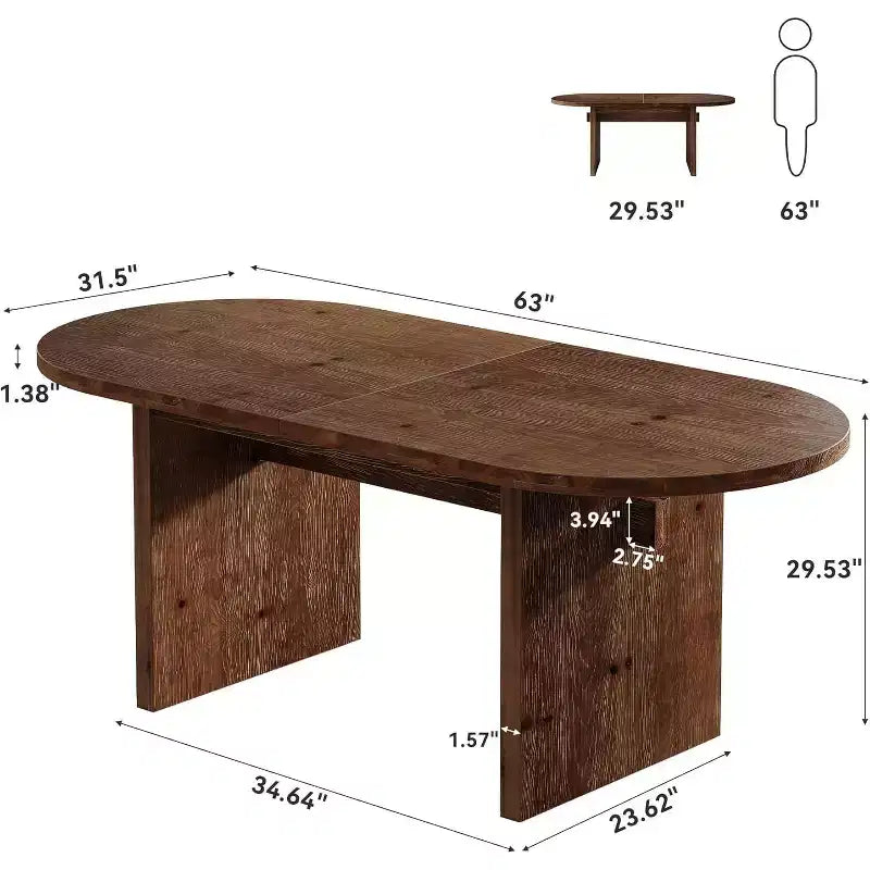 63-Inch Oval Solid Wood Dining Table, Farmhouse Kitchen Dinner Table for 4-6 with Double Pedestal for Dining Room