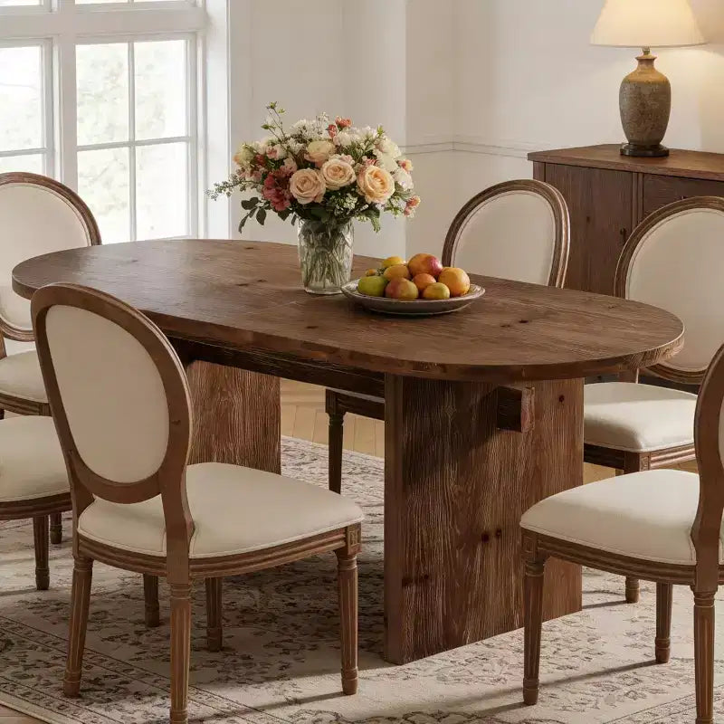 63-Inch Oval Solid Wood Dining Table, Farmhouse Kitchen Dinner Table for 4-6 with Double Pedestal for Dining Room