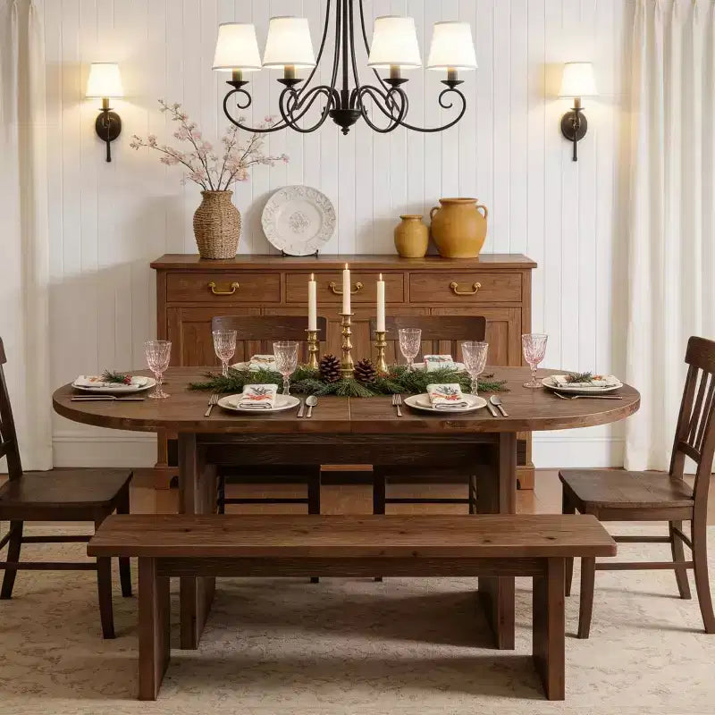 63-Inch Oval Solid Wood Dining Table, Farmhouse Kitchen Dinner Table for 4-6 with Double Pedestal for Dining Room
