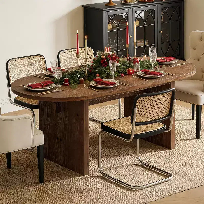 Table à manger ovale en bois massif de 63 pouces, table de salle à manger de style ferme pour 4-6 personnes avec double piédestal pour la salle à manger