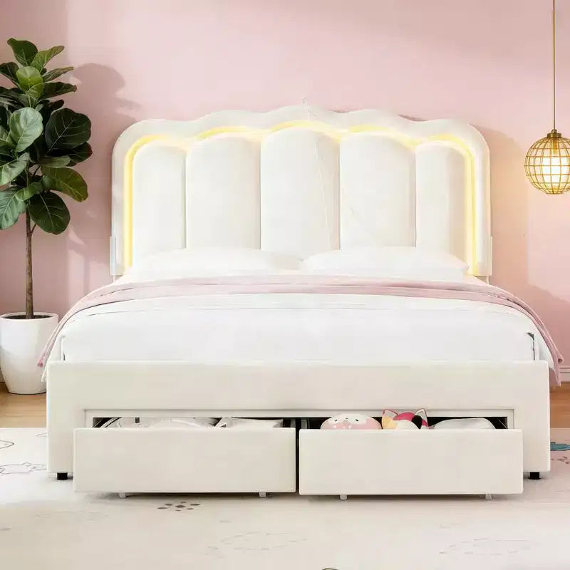 Upholstered Bed Frame with 2 Drawers and Headboard, Velvet Princess Platform Bed with Light, Wooden Slats Support, No Box Spring Needed