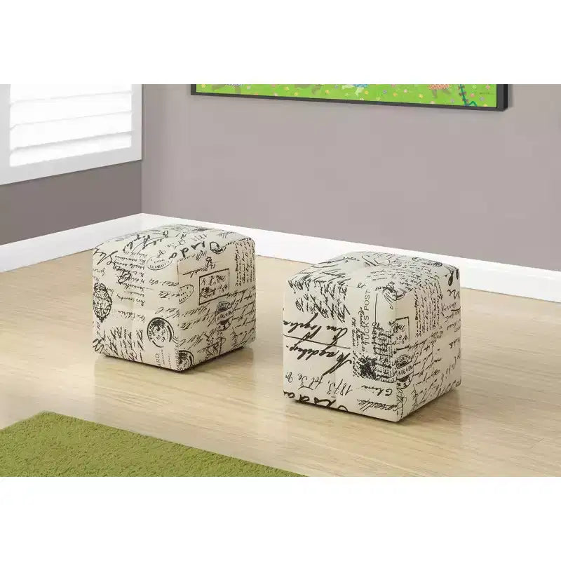 12 Text Print Pouf Set of 2,Beige Accent Footrest Ottoman for Living Room & Bedroom,Kids Ottoman with High Density Foam Padding,Ready to Use
