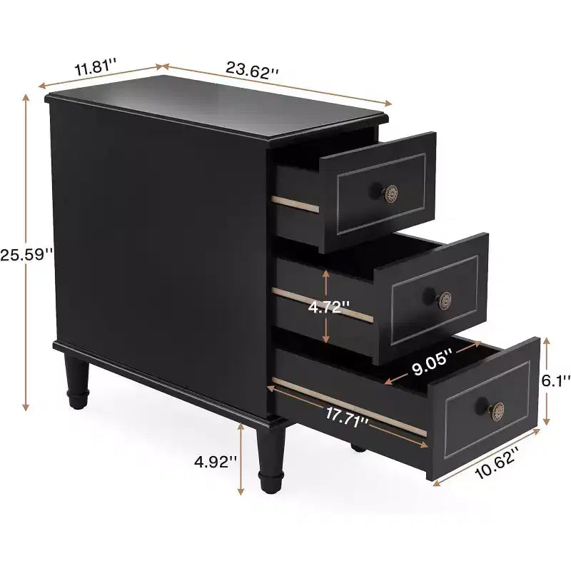 Table d'appoint en bois, Table d'appoint étroite entièrement assemblée avec tiroirs, Table de chevet mince pour petits espaces, Salon, Chambre à coucher, Noir