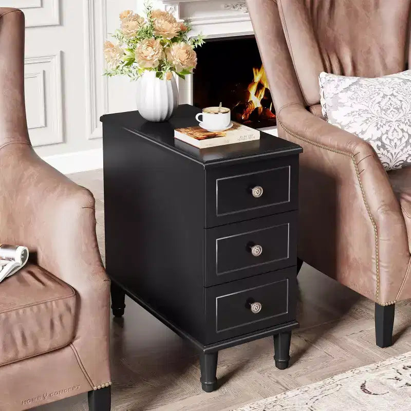 Table d'appoint en bois, Table d'appoint étroite entièrement assemblée avec tiroirs, Table de chevet mince pour petits espaces, Salon, Chambre à coucher, Noir