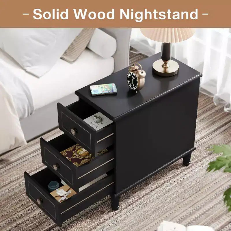Table d'appoint en bois, Table d'appoint étroite entièrement assemblée avec tiroirs, Table de chevet mince pour petits espaces, Salon, Chambre à coucher, Noir
