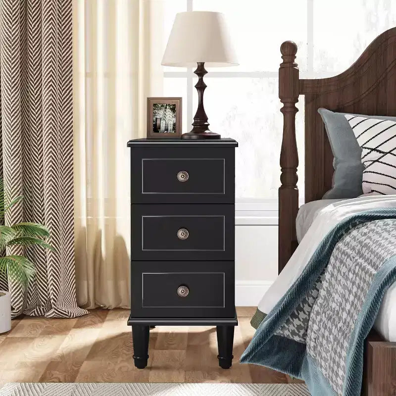Table d'appoint en bois, Table d'appoint étroite entièrement assemblée avec tiroirs, Table de chevet mince pour petits espaces, Salon, Chambre à coucher, Noir