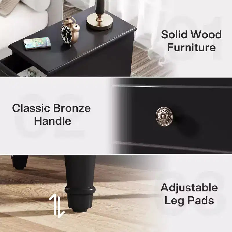 Table d'appoint en bois, Table d'appoint étroite entièrement assemblée avec tiroirs, Table de chevet mince pour petits espaces, Salon, Chambre à coucher, Noir