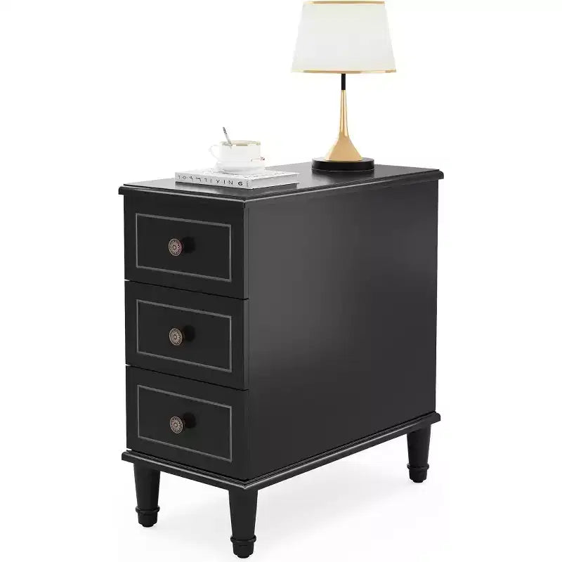 Table d'appoint en bois, Table d'appoint étroite entièrement assemblée avec tiroirs, Table de chevet mince pour petits espaces, Salon, Chambre à coucher, Noir