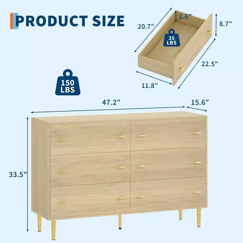 6 Drawers Dresser for Bedroom, 47.2 Wide Wood Rustic Chest of Drawers with Bar Handles, Storage Dressers Organizer for Bedroom, Living Room, Hallway