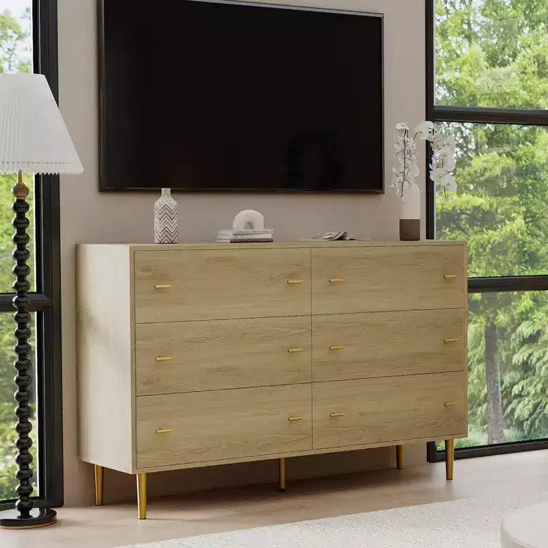 6 Drawers Dresser for Bedroom, 47.2 Wide Wood Rustic Chest of Drawers with Bar Handles, Storage Dressers Organizer for Bedroom, Living Room, Hallway