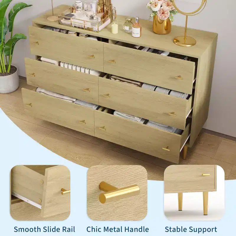 6 Drawers Dresser for Bedroom, 47.2 Wide Wood Rustic Chest of Drawers with Bar Handles, Storage Dressers Organizer for Bedroom, Living Room, Hallway