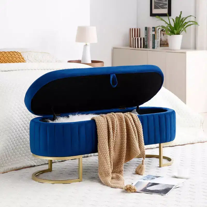 50IN Oval Storage Ottoman with Golden Metal Legs, Upholstered Entryway Bench, End Of Bed Storage Bench for Bedroom, Living Room