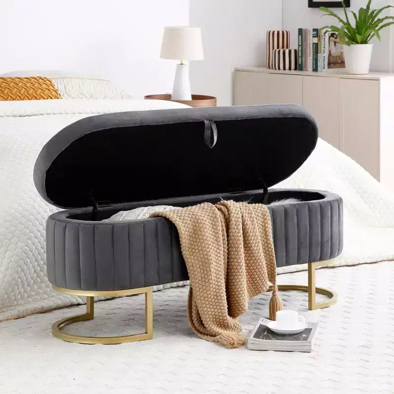 50IN Oval Storage Ottoman with Golden Metal Legs, Upholstered Entryway Bench, End Of Bed Storage Bench for Bedroom, Living Room