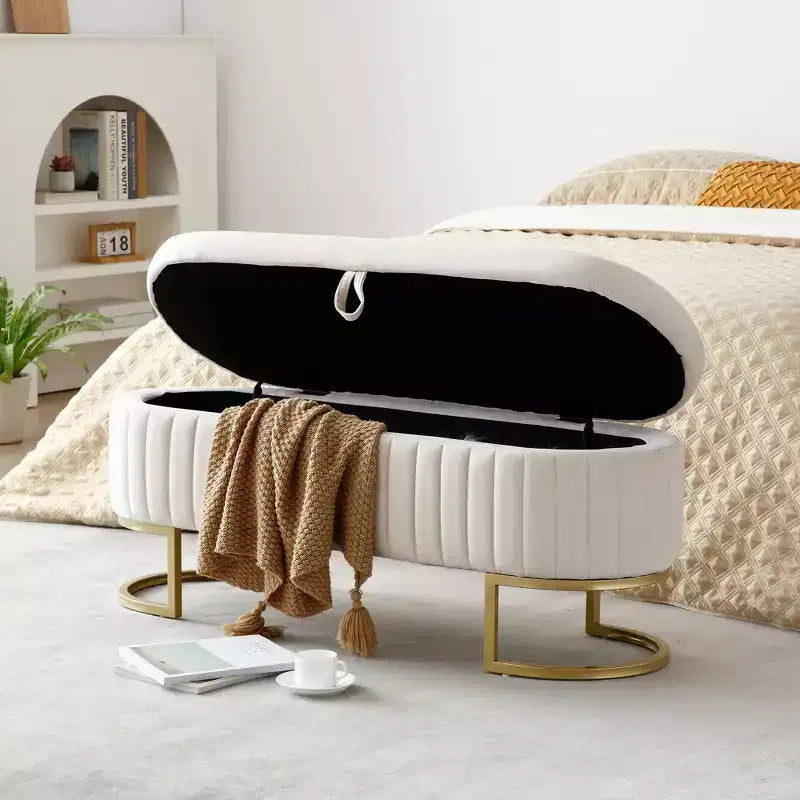 50IN Oval Storage Ottoman with Golden Metal Legs, Upholstered Entryway Bench, End Of Bed Storage Bench for Bedroom, Living Room