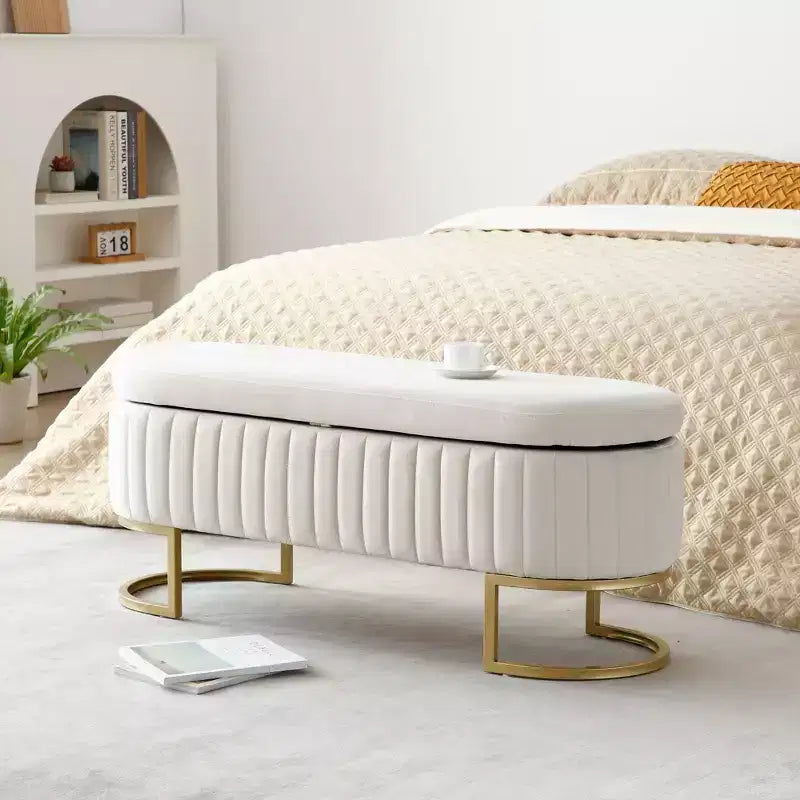 50IN Oval Storage Ottoman with Golden Metal Legs, Upholstered Entryway Bench, End Of Bed Storage Bench for Bedroom, Living Room