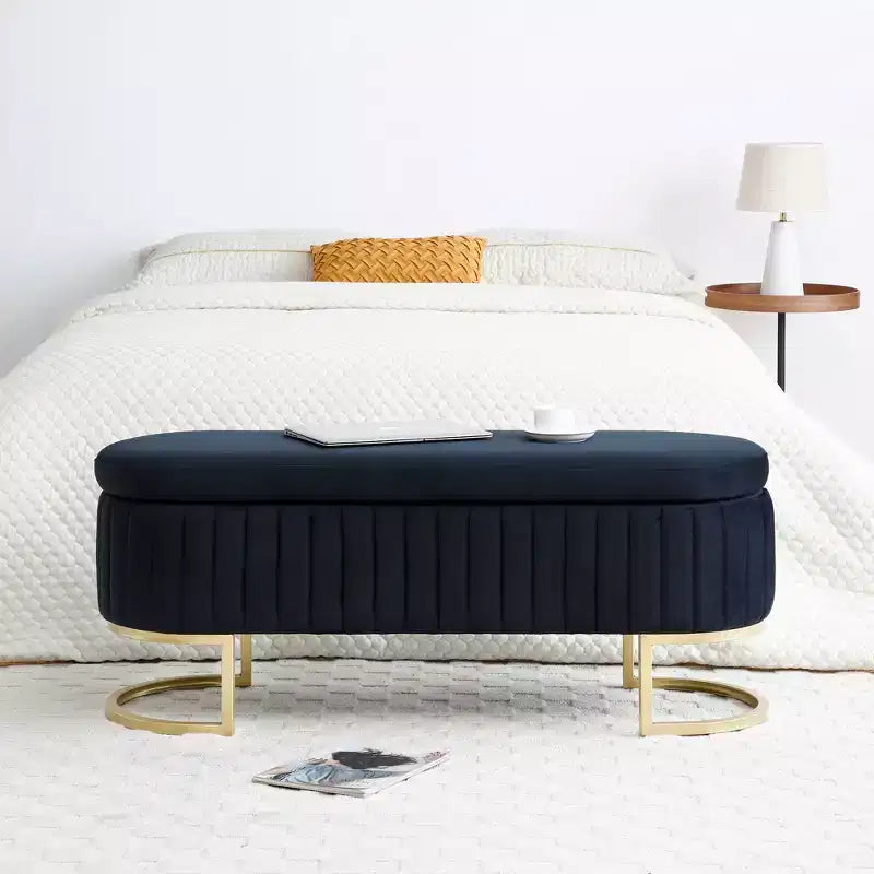 Okak 50IN Oval Storage Ottoman with Golden Metal Legs, Upholstered Entryway Bench, End Of Bed Storage Bench for Bedroom, Living Room