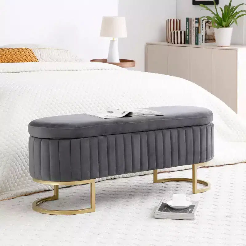 50IN Oval Storage Ottoman with Golden Metal Legs, Upholstered Entryway Bench, End Of Bed Storage Bench for Bedroom, Living Room