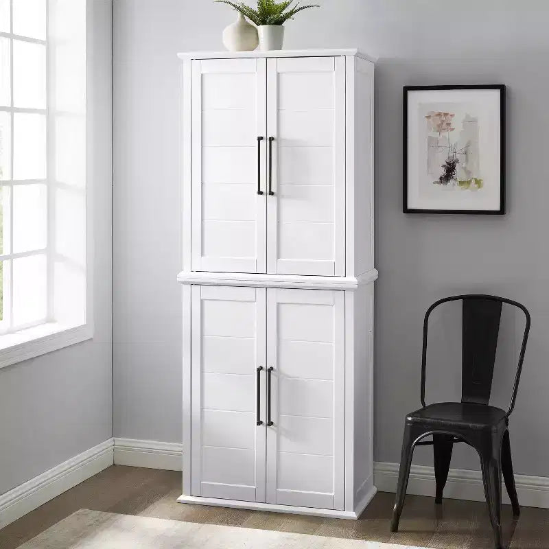 Bartlett Tall Storage Pantry with 2 Stackable Pantries White: Modern Farmhouse Style, 4 Doors, 6 Shelves