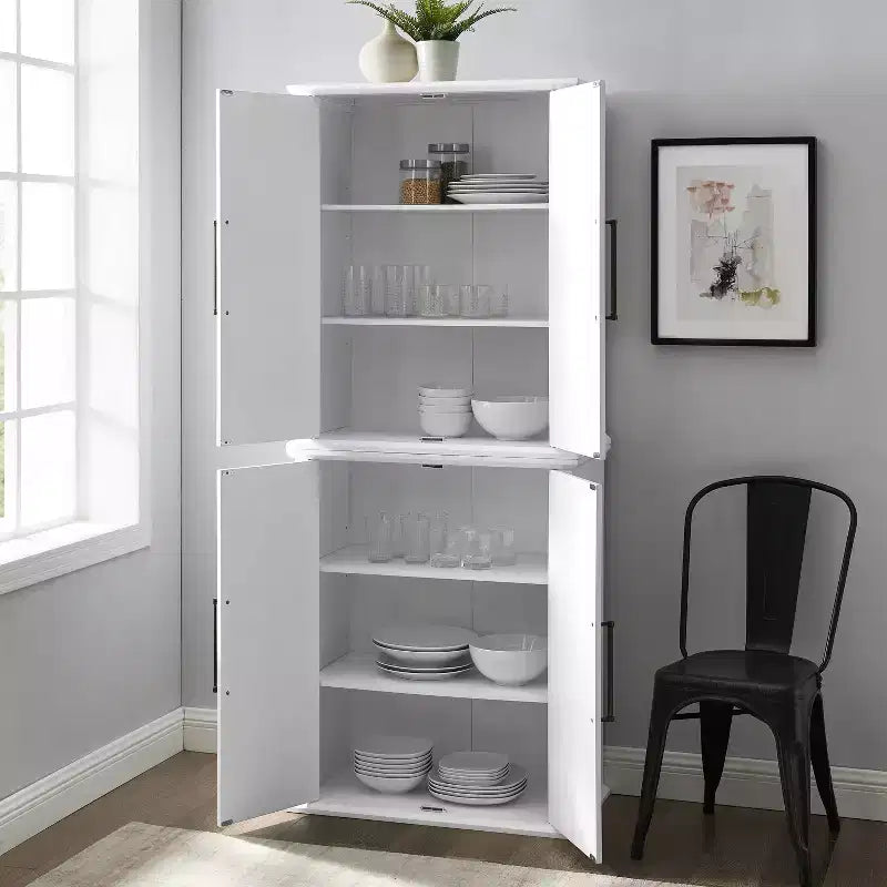 Bartlett Tall Storage Pantry with 2 Stackable Pantries White: Modern Farmhouse Style, 4 Doors, 6 Shelves