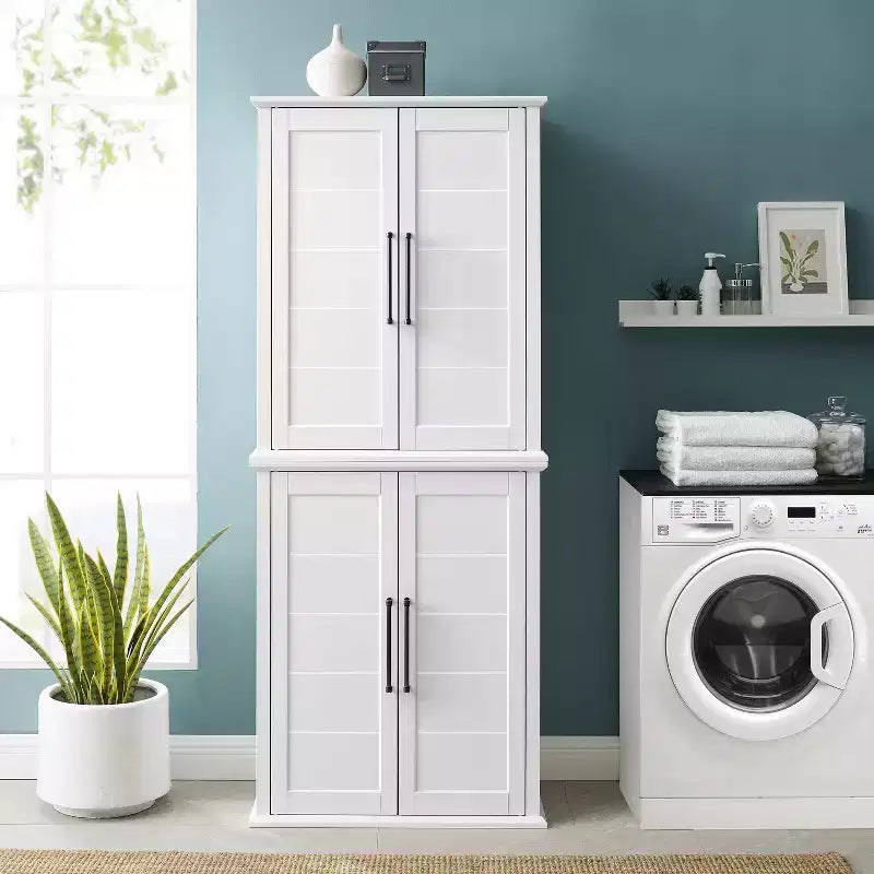Bartlett Tall Storage Pantry with 2 Stackable Pantries White: Modern Farmhouse Style, 4 Doors, 6 Shelves