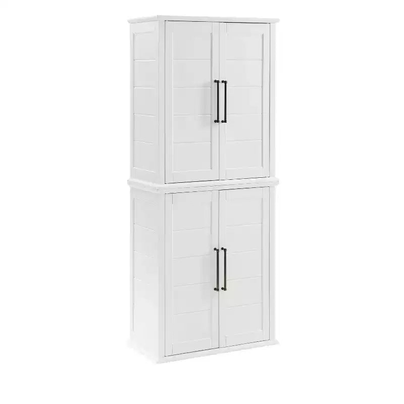Bartlett Tall Storage Pantry with 2 Stackable Pantries White: Modern Farmhouse Style, 4 Doors, 6 Shelves
