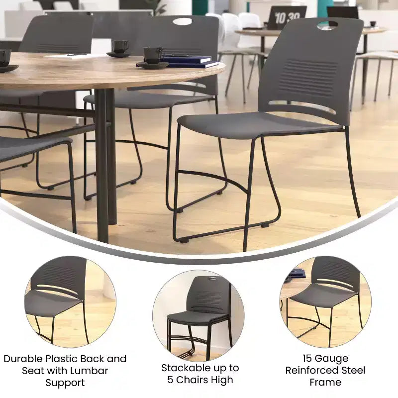 Série HERCULES Lot de 5 chaises empilables en plastique de qualité commerciale, capacité 300 kg, avec piètement luge en acier thermolaqué et poignée de transport intégrée