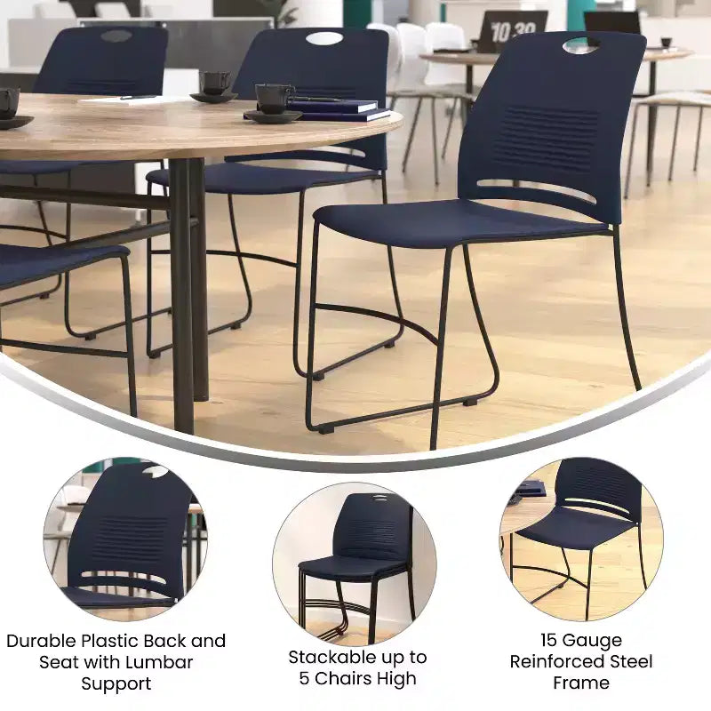 Série HERCULES Lot de 5 chaises empilables en plastique de qualité commerciale, capacité 300 kg, avec piètement luge en acier thermolaqué et poignée de transport intégrée