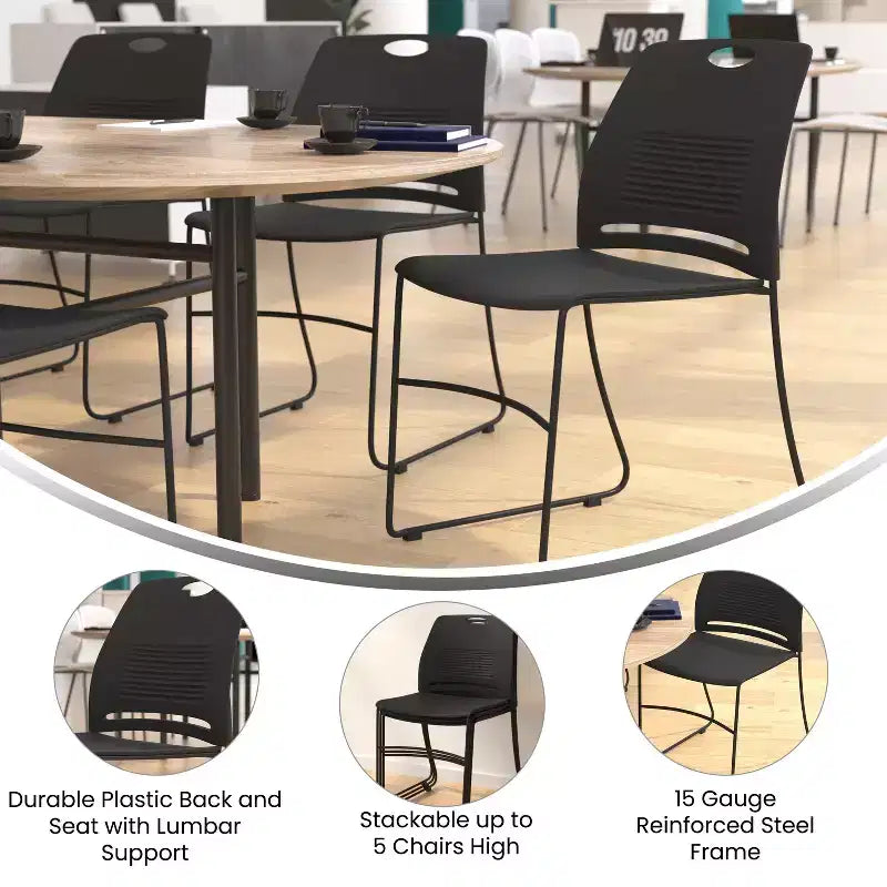 Série HERCULES Lot de 5 chaises empilables en plastique de qualité commerciale, capacité 300 kg, avec piètement luge en acier thermolaqué et poignée de transport intégrée