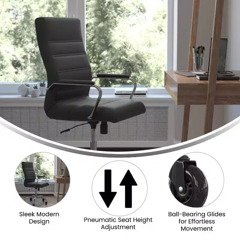 Fauteuil de bureau de direction pivotant Whitney haut dossier avec cadre noir, accoudoirs et roulettes transparentes