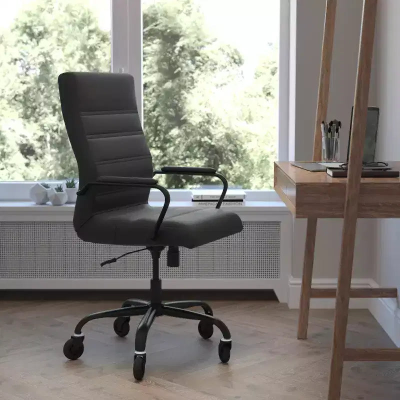 Whitney High Back Executive Swivel Office Chair with Black Frame, Arms, and Transparent Roller Wheels