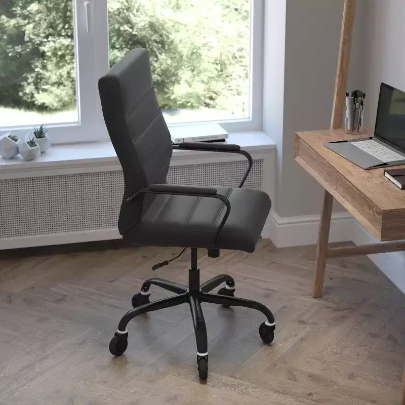 Whitney High Back Executive Swivel Office Chair with Black Frame, Arms, and Transparent Roller Wheels