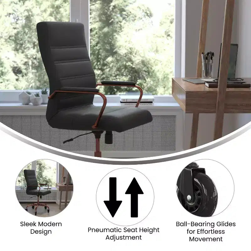 Fauteuil de bureau de direction pivotant Whitney haut dossier avec cadre noir, accoudoirs et roulettes transparentes