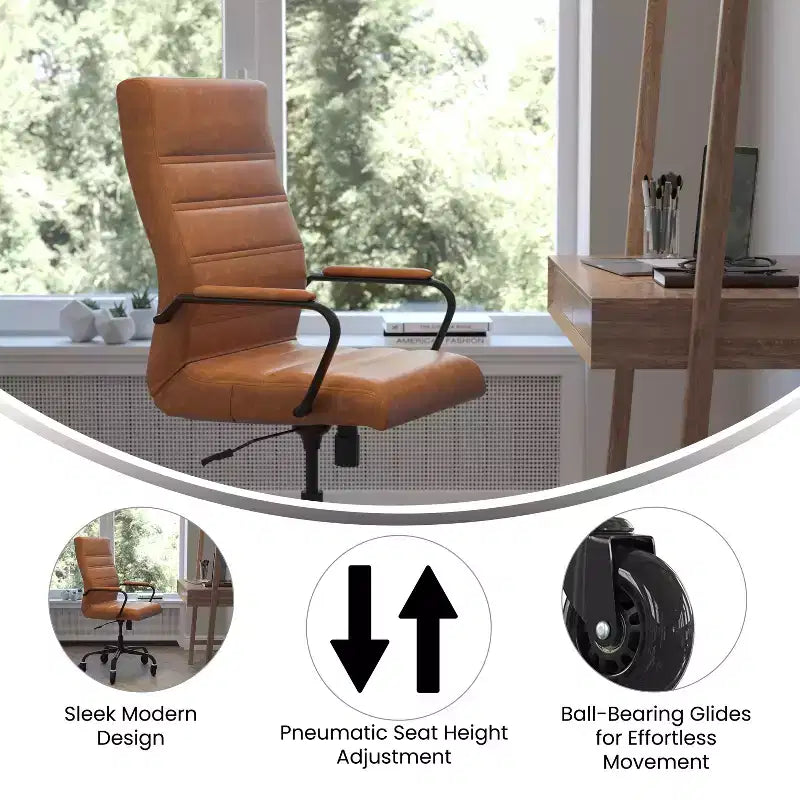Fauteuil de bureau de direction pivotant Whitney haut dossier avec cadre noir, accoudoirs et roulettes transparentes