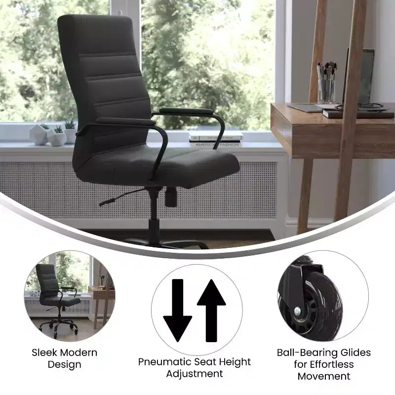 Whitney High Back Executive Swivel Office Chair with Black Frame, Arms, and Transparent Roller Wheels