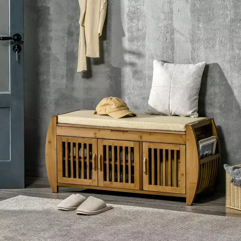 Shoe Bench with Storage Cabinets, Bamboo Entryway Bench with Seating Cushion, 3 Doors, Side Rack and Hidden Compartment for Hallway, Brown