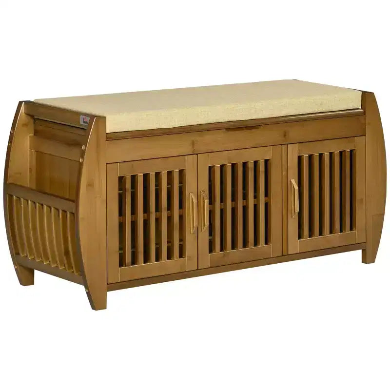 Shoe Bench with Storage Cabinets, Bamboo Entryway Bench with Seating Cushion, 3 Doors, Side Rack and Hidden Compartment for Hallway, Brown