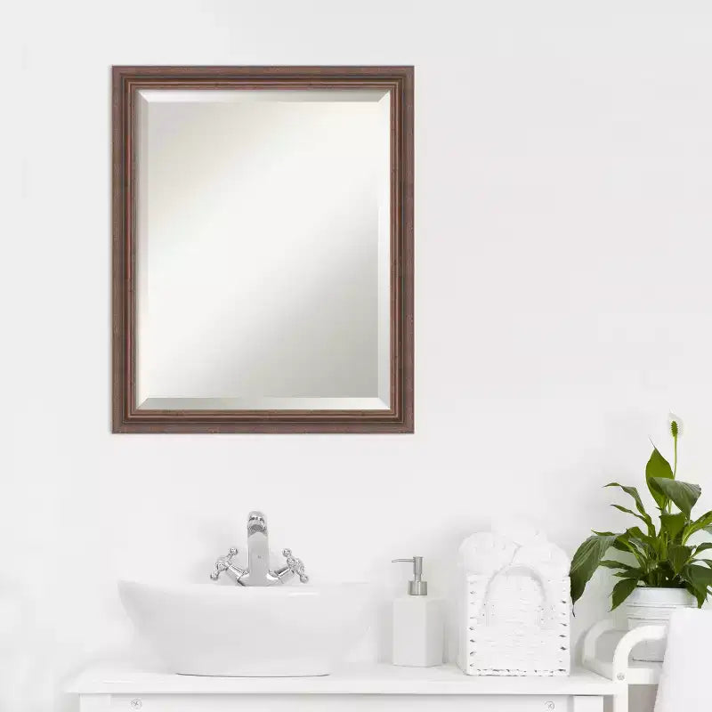 Distressed Rustic Brown Beveled Wood Bathroom Wall Mirror